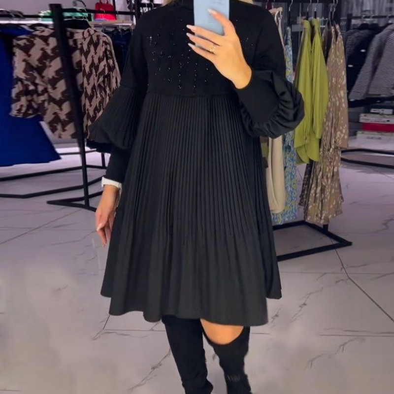 Damskie sukienki plus size z rozszerzanymi rękawami i stójką
