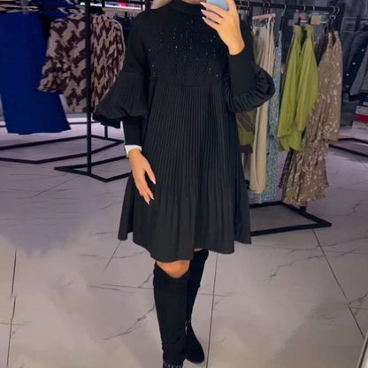 Damskie sukienki plus size z rozszerzanymi rękawami i stójką