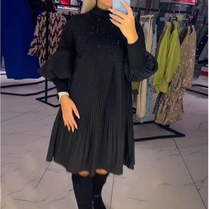 Damskie sukienki plus size z rozszerzanymi rękawami i stójką