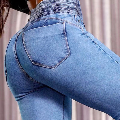 👖Elastyczne jeansy z wysokim stanem