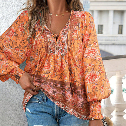 【S-2XL】🌺Damska modna koszula z długim rękawem i nadrukiem w serek