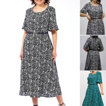 Elegancka sukienka maxi z nadrukiem i paskiem