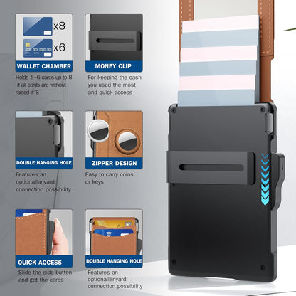 Portfel AirTag dla mężczyzn – aluminiowa obudowa z klapką, klips na pieniądze, smukłe skórzane przegródki, uchwyt na karty kredytowe, blokada RFID, minimalistyczny portfel składany na pół
