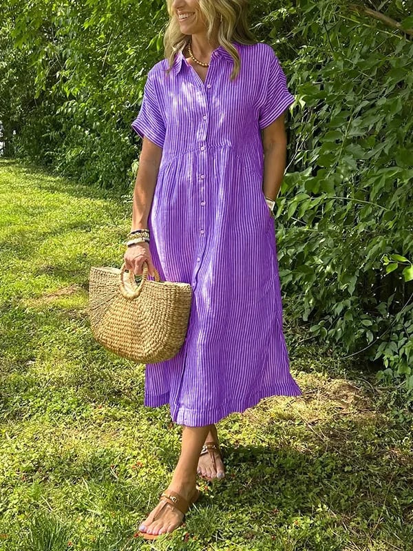 🔥👗 Sukienka koszulowa w paski z klapami i guzikami | Z funkcjonalnymi kieszeniami