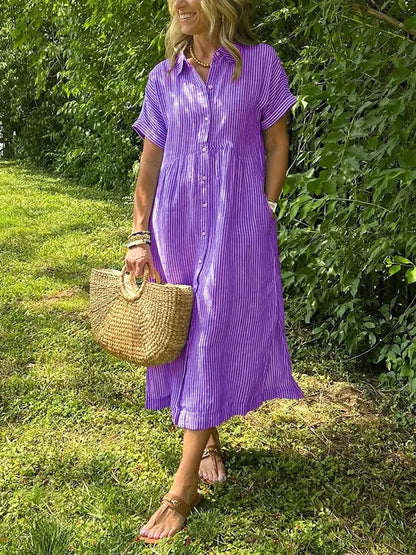 🔥👗 Sukienka koszulowa w paski z klapami i guzikami | Z funkcjonalnymi kieszeniami