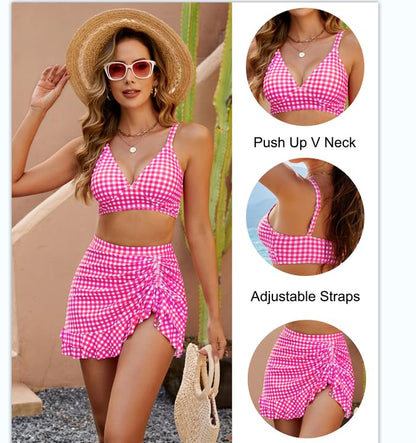 🔥👙Komplety bikini z wysokim stanem dla kobiet, modelujące brzuch i w kratkę💖