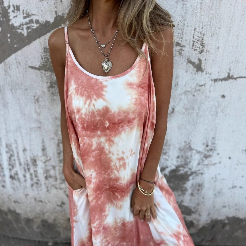Sukienka damska tie-dye z nadrukiem i gradientem kolorów na ramiączkach typu spaghetti