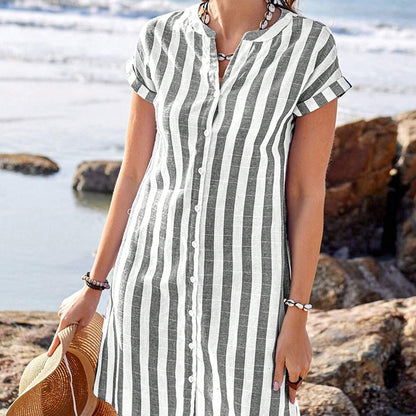 ✨Damska sukienka koszulowa w paski z guzikami