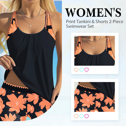 👙Damski dwuczęściowy zestaw kąpielowy z nadrukiem Tankini i szortami
