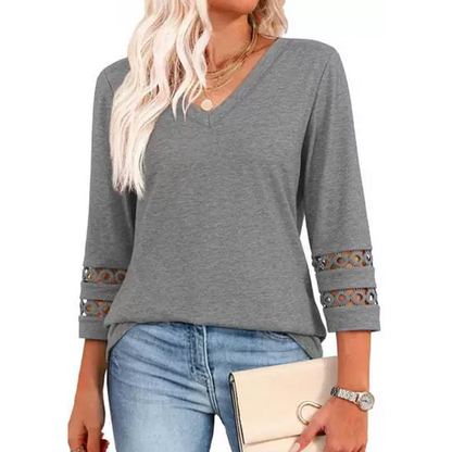 🌺[S-3XL]👚✨ Klasyczny top w jednolitym kolorze z dekoltem w serek i rękawami 3/4