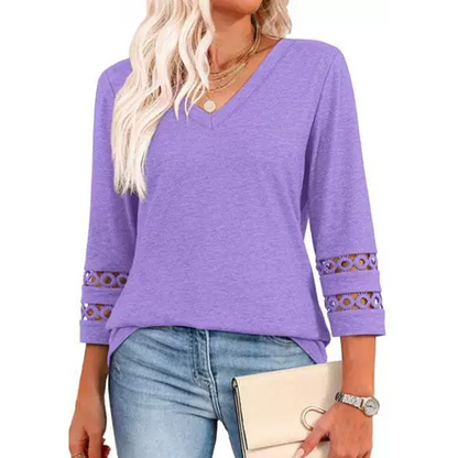 🌺[S-3XL]👚✨ Klasyczny top w jednolitym kolorze z dekoltem w serek i rękawami 3/4
