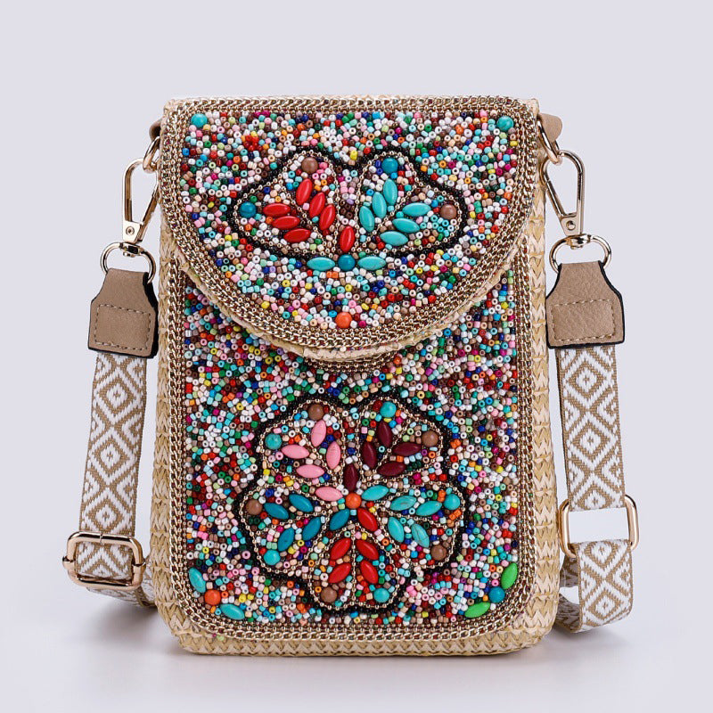 Boho Chic Mała Słomiana Torebka z Koralikami