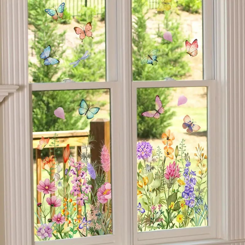 💎 Kolorowa naklejka na okno z motywem bukietu kwiatów – zdejmowana, dwustronna i przycinana na wymiar 🏡