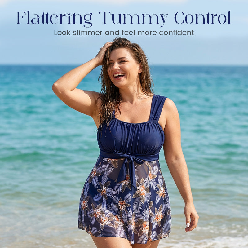 🩱 2-częściowy zestaw kostiumu kąpielowego dla kobiet o pełnych kształtach | Modelujący brzuch, elegancki design ze spódniczką